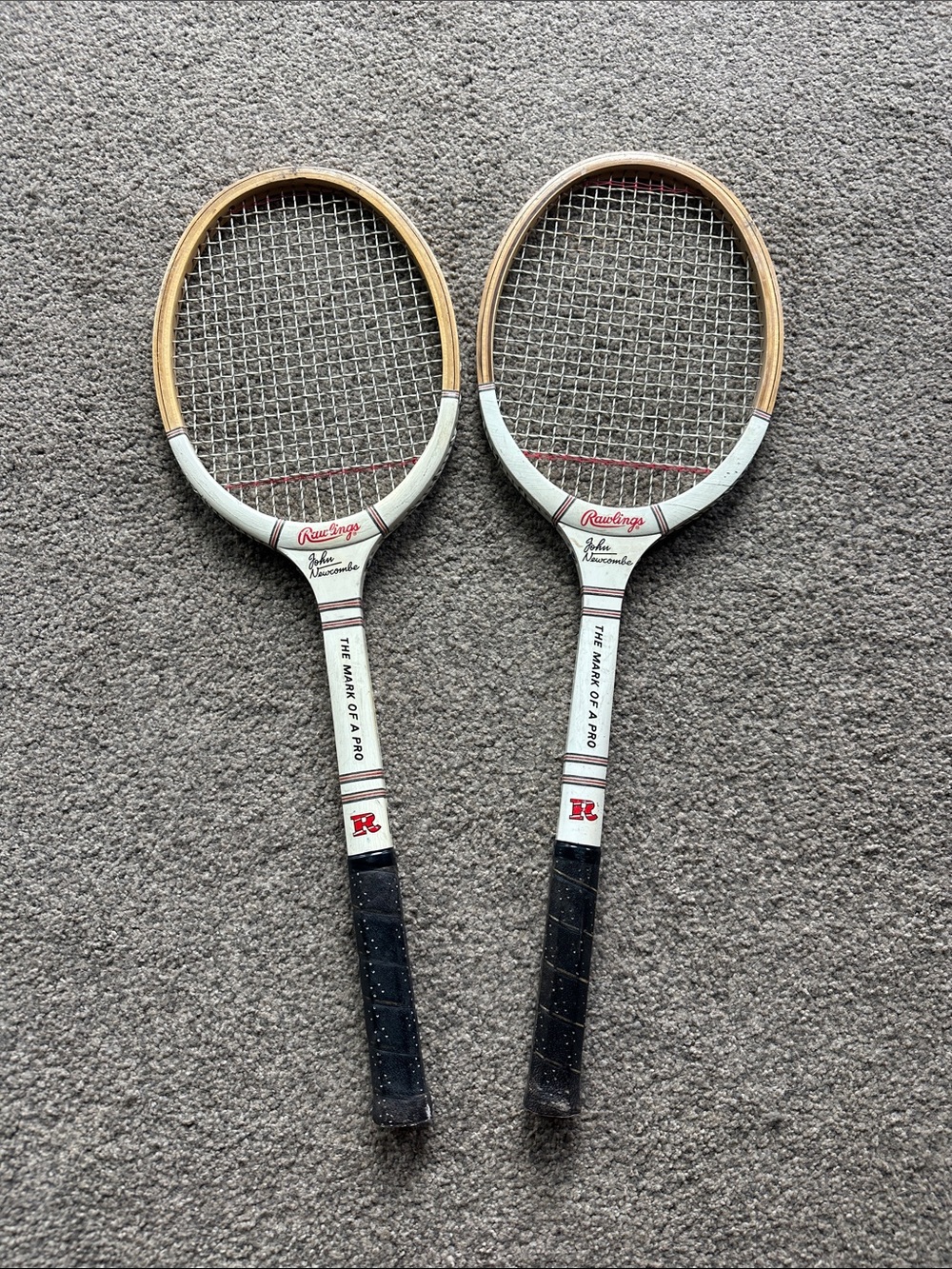 2 Vintage Rawlings Wood Tennis Rackets with White Throats and Black Grips